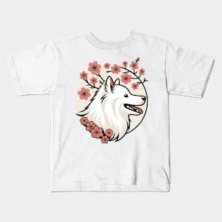 American Eskimo Dog Revels in Spring Cherry Blossoms Kids T-Shirt